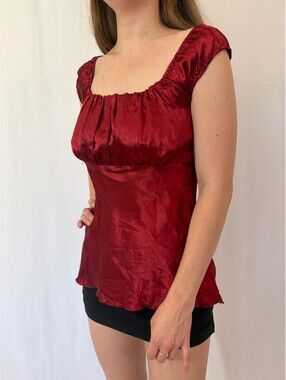 Red Silky Satin Ruched Milkmaid Babydoll Top